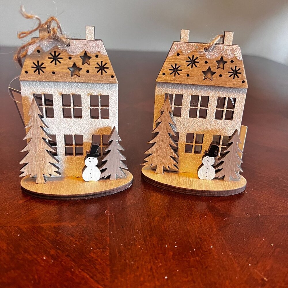 Wooden Glittery Snowy‎ House Christmas Ornaments Snowman & Trees Set Of 2
